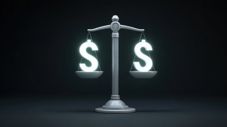 This image features a balanced scale with glowing dollar signs, representing financial equity and justice in an elegant manner, set against a dark background.の素材