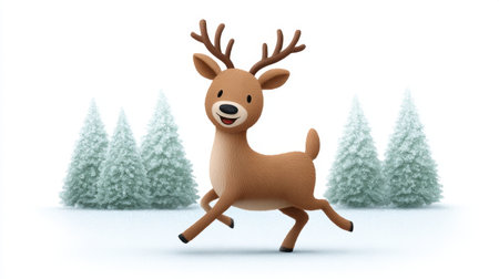 A cheerful cartoon reindeer with antlers joyfully runs through a serene snowy forest, capturing the essence of winter wonder and playful innocence.の素材