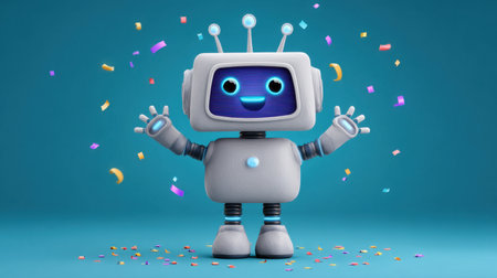 This cheerful robot character surrounded by colorful confetti brings joy and fun to any creative project. Perfect for children's themes or festive designs.の素材