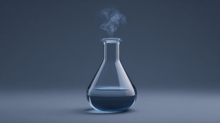 A clear glass laboratory flask filled with blue liquid emits wisps of vapor, set against a dark backdrop, symbolizing scientific discovery and experimentation.の素材