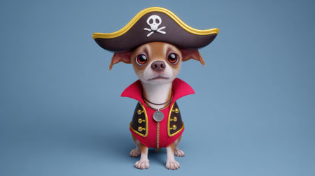 A charming Chihuahua in a playful pirate costume, complete with a hat and vest, adds a whimsical touch to any creative project. Perfect for fun imagery!の素材