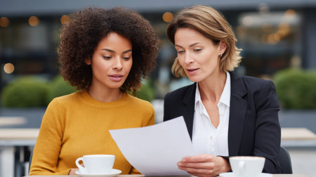 Two women engage in a focused discussion while reviewing documents over coffee in a vibrant outdoor cafe, surrounded by lush greenery, embodying collaboration.の素材