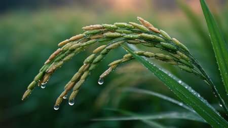 This stunning close-up captures a rice plant adorned with dew drops, showcasing the intricate details of green grains in the soft morning light.の素材