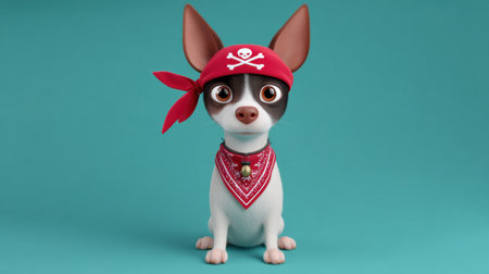 This charming design features a cartoon Chihuahua dressed as a pirate, complete with a red bandana and a cheerful expression, ideal for whimsical themes.の素材