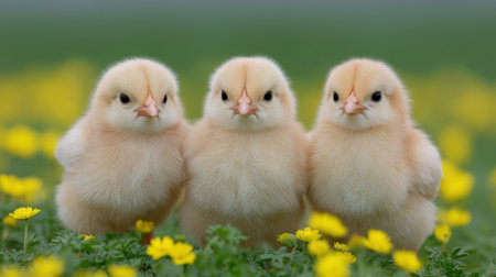 Three fluffy yellow chicks stand together in a field adorned with vibrant yellow flowers, creating a delightful and cheerful spring scene.の素材