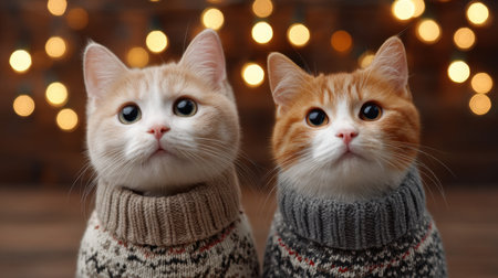 Two adorable cats in cozy sweaters with expressive faces are surrounded by soft focus holiday lights, creating a warm and festive atmosphere.の素材