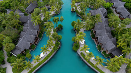 Experience a breathtaking aerial view of a tropical resort featuring lush palm trees, scenic waterways, and luxurious villas. This serene setting invites relaxation and adventure.の素材