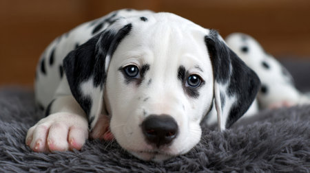 This charming Dalmatian puppy lies comfortably on a soft gray blanket, displaying its gentle curiosity and sweet personality, perfect for pet lovers.の素材