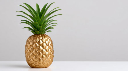 A striking golden pineapple decoration stands with vibrant green leaves against a clean background, perfect for modern decor and tropical-themed designs.の素材