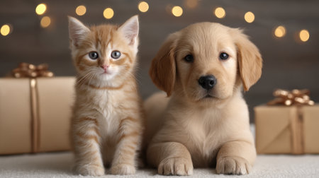 A delightful scene featuring a golden puppy and an orange kitten sitting next to each other, surrounded by soft lighting and festive gifts.の素材