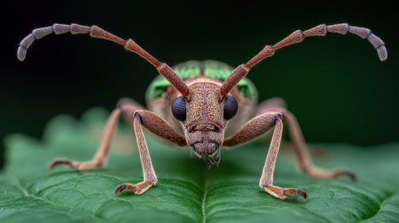This striking close-up showcases a unique insect with long antennae perched on a lush green leaf, highlighting its intricate texture and colors against a dark background.の素材
