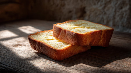This image captures two slices of freshly baked soft bread resting on a rustic wooden surface, illuminated by natural light creating gentle shadows, perfect for culinary presentations.の素材