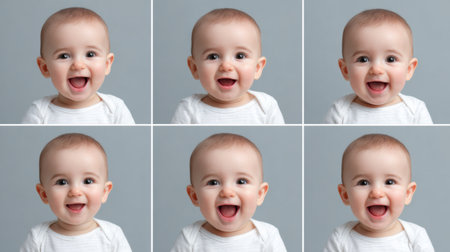 This delightful collection of six portraits features a happy baby expressing various joyful emotions on a soft gray background, capturing pure innocence.の素材
