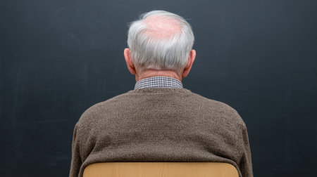An elderly man with gray hair is depicted from the back, sitting in a classroom before a blackboard, creating a serene atmosphere of reflection and wisdom.の素材