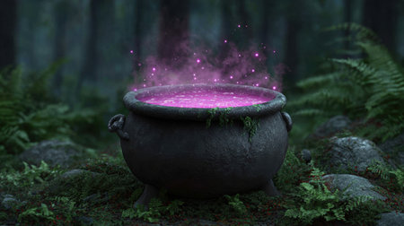 An enchanted cauldron simmers with a vibrant pink potion, emitting magical smoke in a serene, mystical forest, surrounded by lush greenery and rocks.の素材