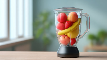 A vibrant collection of fresh fruits including apples, bananas, and strawberries sits in a glass blender, ready to be transformed into a healthy smoothie.の素材