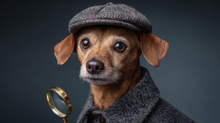 This charming portrait features a clever dog dressed as a detective, complete with a stylish cap and coat, creating a delightful blend of humor and character.の素材