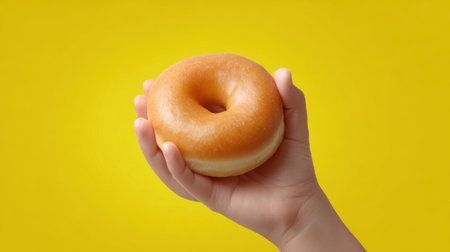 A close-up image of a hand holding a freshly baked glazed doughnut against a vibrant yellow background, capturing the allure of this sweet treat.の素材