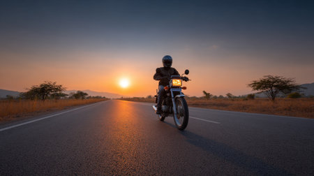 A lone rider on a motorcycle cruises along an empty road, with a stunning sunset painting the sky in warm hues, encapsulating the spirit of adventure and exploration.の素材