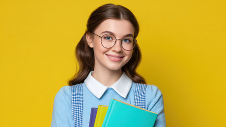A cheerful young student with glasses smiles while holding colorful books against a bright yellow background, representing knowledge and learning.の素材