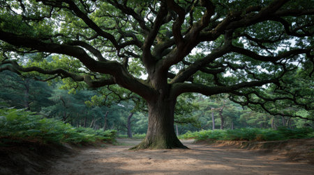 A stunning oak tree stands proudly in the center of a lush, green landscape, showcasing its expansive branches and offering a peaceful atmosphere for nature lovers.の素材