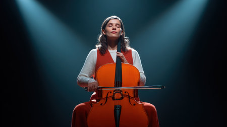 A serene young woman plays a cello in a dramatic setting, bathed in soft stage lights, embodying emotion and artistry in her performance.の素材