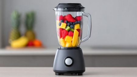 A vibrant blend of fresh fruits in a glass blender, perfect for making nutritious smoothies, enhancing healthy lifestyle choices, and brightening up your kitchen.の素材