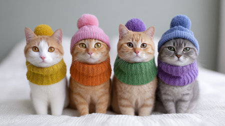 A delightful portrait of four cats wearing colorful hats and cozy scarves, showcasing their unique expressions and charm in a bright indoor setting.の素材