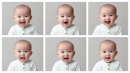 A captivating collection of six portrait images featuring a joyful baby showcasing a range of happy expressions against a neutral background.の素材