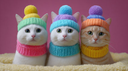 Three charming cats wearing colorful knit hats with pompoms sit together against a soft pink background, exuding cuteness and joy.の素材