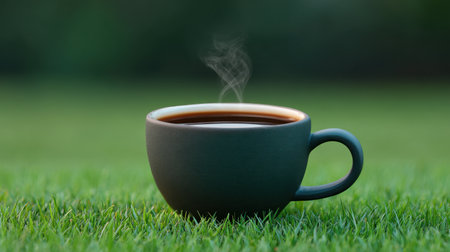 A cozy coffee cup sits on vibrant green grass, steam curling gently upwards. This image captures a tranquil moment, perfect for promoting relaxation and mindfulness.の素材