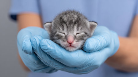 A gentle gray kitten rests peacefully in the hands of a veterinarian wearing blue gloves, showcasing the warmth and care provided to young animals.の素材