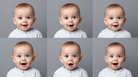 A delightful collage of a baby showcasing various expressive facial reactions, highlighting charm and innocence against a neutral backdrop.の素材