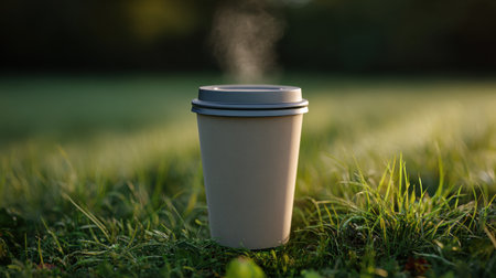 A warm cup of coffee sits gracefully on soft grass, with steam rising gently into the air. This serene image captures the essence of relaxation in nature during golden hour.の素材