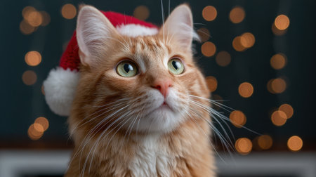 Delight in this charming portrait of a ginger cat adorned with a Santa hat, set against a backdrop of twinkling bokeh lights, perfect for holiday themes.の素材