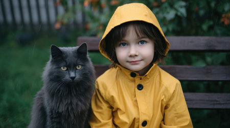 A calm scene featuring a child wearing a bright yellow raincoat sitting next to a fluffy gray cat on a bench in a garden, evoking warmth and friendship.の素材