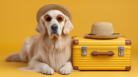 A fashionable golden retriever wearing sunglasses and a straw hat poses next to a vintage suitcase on a bright yellow background, evoking travel vibes.の素材