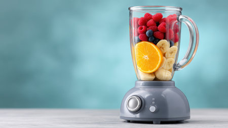 A stylish blender filled with fresh fruits like oranges, bananas, raspberries, and blueberries on a modern kitchen countertop, ideal for smoothie lovers.の素材