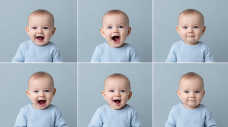 A delightful collage of a baby showcasing a range of emotions, from joy to surprise and contentment, captured in a soft blue sweater. Perfect for family themes.の素材