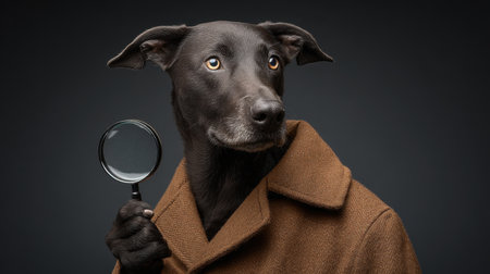 Playful depiction of a curious dog dressed as a detective, holding a magnifying glass. The charming canine showcases personality and whimsy, ideal for storytelling.の素材
