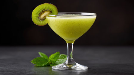 This visually stunning kiwi cocktail showcases a vibrant green hue topped with a mint sprig and kiwi slice. Perfectly refreshing for warm gatherings or festive occasions.の素材