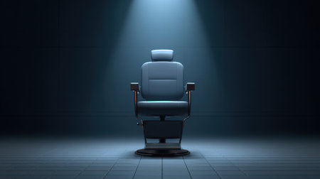 A stylish vintage barber chair is illuminated by a single spotlight, creating a dramatic effect in a modern, minimalist interior setting.の素材