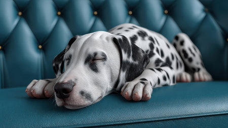 A cute Dalmatian puppy peacefully sleeping on a stylish turquoise couch, showcasing its beautiful fur and the elegance of the cozy indoor setting.の素材