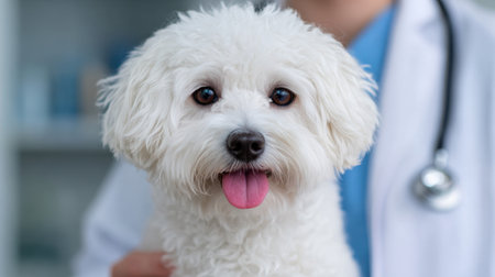 A charming small white dog showcases its playful spirit in a veterinarian office, with a caring professional nearby, highlighting pet health and affection.の素材