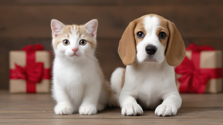 A charming scene featuring an adorable puppy and kitten sitting side by side, surrounded by colorful holiday gifts, radiating joy and companionship.の素材