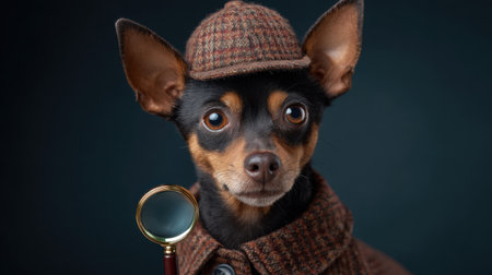 This delightful portrait features a small dog dressed in a detective costume complete with a hat and magnifying glass, showcasing its playful personality and charm.の素材