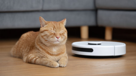A serene domestic scene featuring a friendly orange cat lounging comfortably beside a sleek robotic vacuum cleaner on a wooden floor.の素材