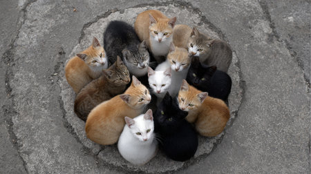 A captivating scene depicting a diverse group of cats huddled together in a circular formation on a concrete surface, showcasing their unique personalities and stunning colors.の素材