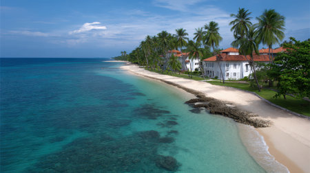 Discover a tranquil tropical beach scene featuring pristine white sand, swaying palm trees, and vibrant turquoise waters under a clear blue sky.の素材