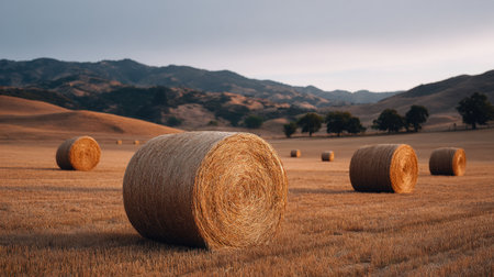 A tranquil scene of round hay bales scattered across a golden field, surrounded by gentle hills under a soft evening sky, capturing rural beauty.の素材